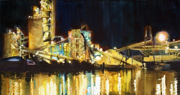 El Dorado is a watercolor painting of a cement plant at night by Suze Woolf